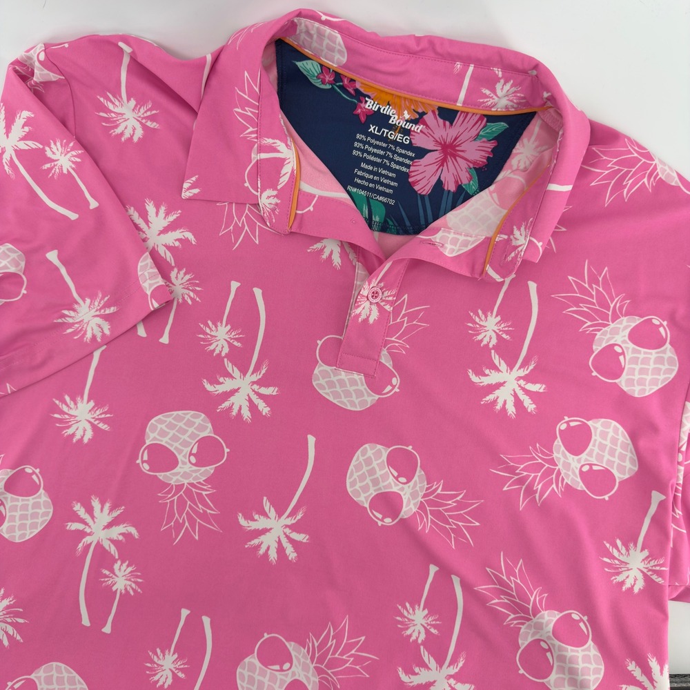 Birdie Bound Mens Xl Pink Pineapple Palm Tree Performance Golf Polo Shirt